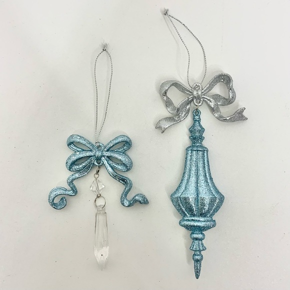 Blue & Silver Glitter Bow Faux Crystal Feminine Christmas Ornaments Set New - Picture 6 of 8